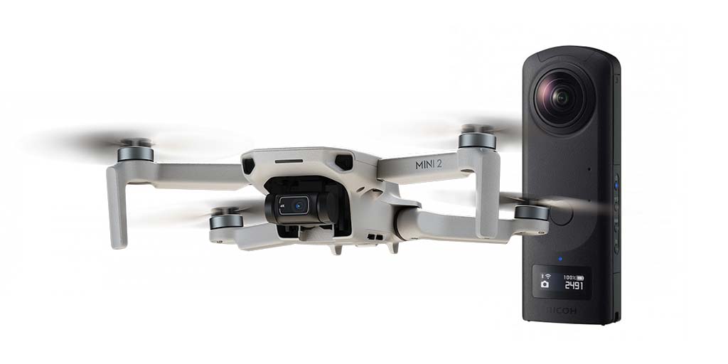 dji mini 2 drone used together with ricoh theta camera